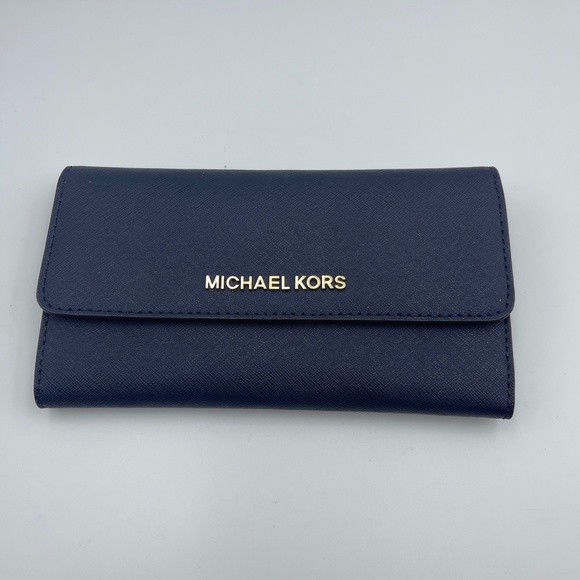 Michael Kors blue leather jet set travel Trifold wallet women gold tone - Picture 1 of 11